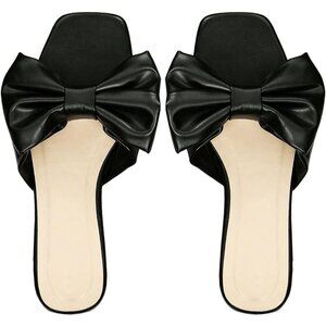 Women's Bow Black Square Open Toe Breathable Slip On Slide Sandals Flat Shoes